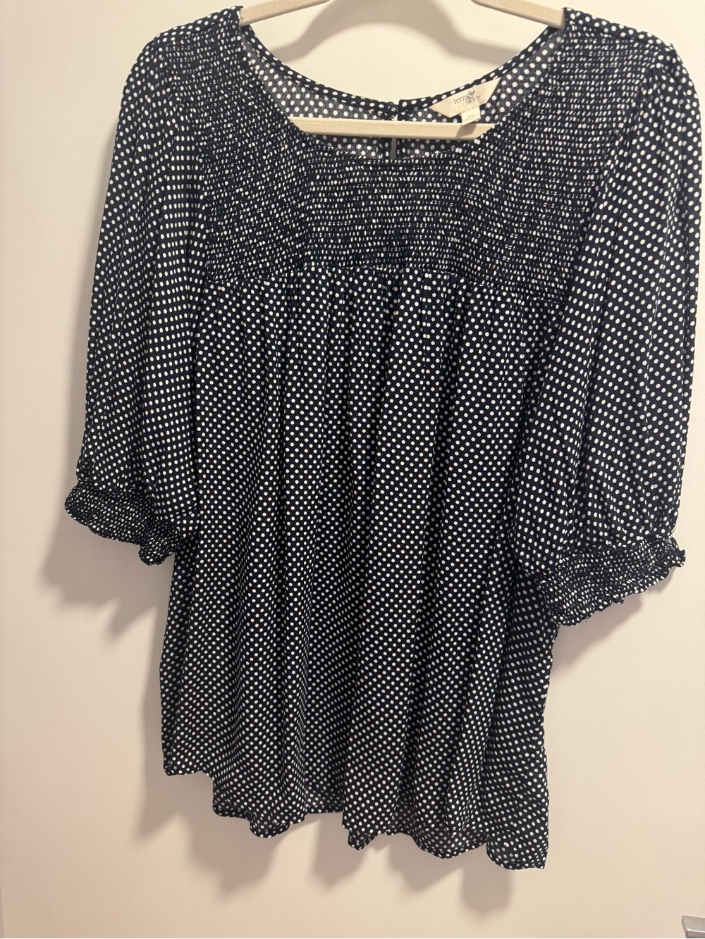 Terra & Sky Navy and White Polka Dot Smocked Peasant Blouse